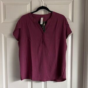 Short Sleeve Plum Henley Blouse with Button Front